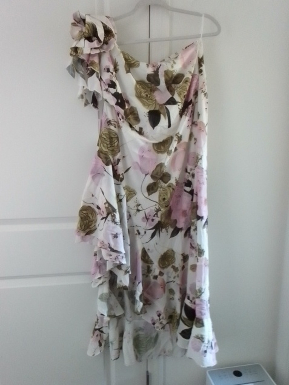 Grace Karin Floral One-Shoulder Ruffle Dress in White and Pink